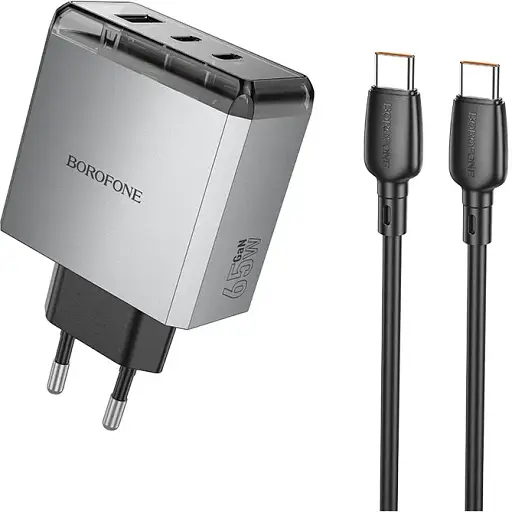 Мережевий зарядний пристрій з кабелем Borofone BN22 Lena PD65W (2C1A) charger set (C to C(EU) сірий - фото 1