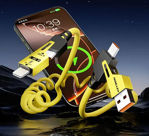 Кабель Ronpin 4-в-1 65W спиральный для быстрой зарядки USB Type-C Lightning Micro-USB - фото 3