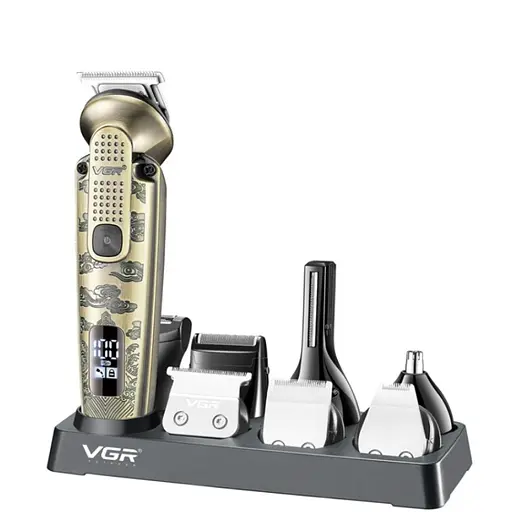 Машинка для стрижки волосся VGR V-103 (8 в 1) LCD для бороди та носа + підставка Бронза - фото 3