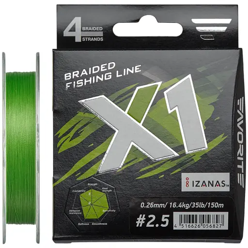 Шнур Favorite X1 PE 4x 150 м (l.green) 2.5/0.260 мм 35 lb/16.4 кг