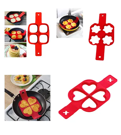 Набір з 3 силіконових форм для приготування оладок та яєчні у вигляді сердечок, квіточок та квадратиків, A-plus 86041 - фото 1