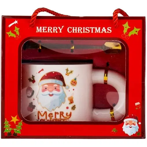 Чашка новогодняя Elisey 9150-021-1 Funny Santa керамическая с ложкой 300 мл Белая - фото 1