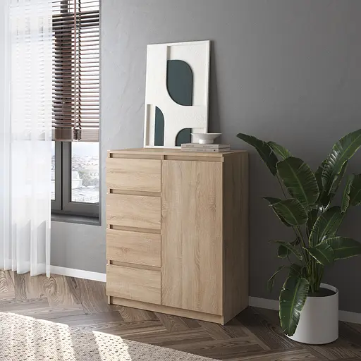 Комод Vays, сучасний, з полицями, 4 шухляди, без ручок R-32 Дуб Сонома