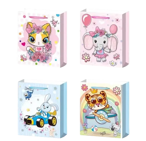 Подарунковий пакет, 150 г/м², Звірята, 32x45x10 см, 6 шт. в упаковці (В асортименті)