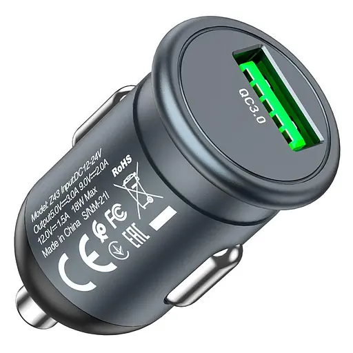 Автомобільний зарядний пристрій Hoco Z43 Mighty single port QC3.0 car charger Темно-сірий - фото 1