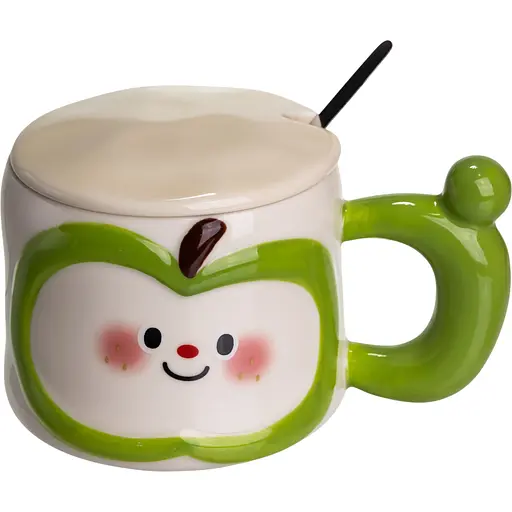Чашка порцелянова Cute Apple 400 мл з кришкою та ложкою зелений FM-25A