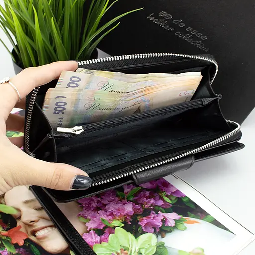 Гаманець жіночий шкіряний De Eesse LC14621-GD01 великий з ручкою чорний - фото 7