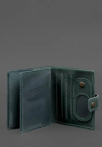 Кожаная обложка-портмоне для удостоверения офицера ГНСУ с карманом для жетона 11.3 зеленая Crazy Horse - фото 4