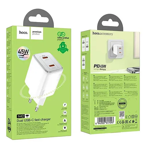 Адаптер сетевой Hoco Elogiado dual-port charger N42 2Type-C, 45W/3A, PD/QC| - фото 2