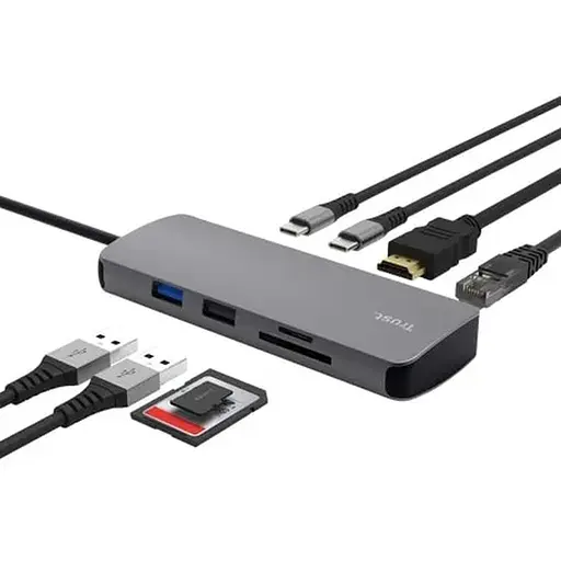 Trust Адаптер Trust Dalyx 8in1 USB-C > 1xUSB-A 3.2/USB-A 2.0/2xUSB-C/HDMI/Ehernet/SD/microSD, Алюминий, 0.15м, Серый
