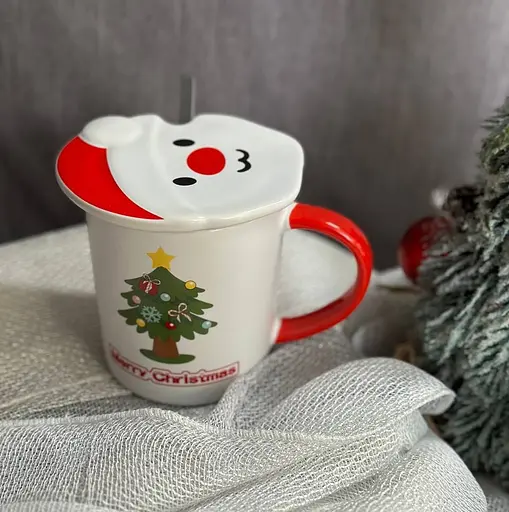 Новогодняя чашка Olens 102-1059-1 Новогодняя 2024 керамика с крышкой и ложкой 380 мл Белая - фото 3