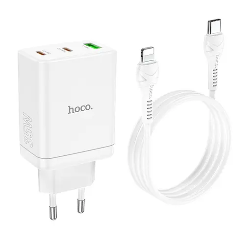 Сетевое зарядное устройство Hoco N33 USB/2 Type-C PD 35W белый + кабель Type-C to Lightning - фото 5