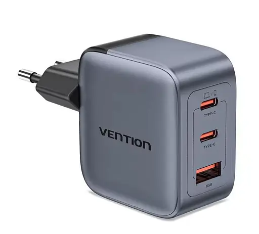 Зарядний пристрій Vention 70W GaN FEX 1U+2C чорний євровилка - фото 1