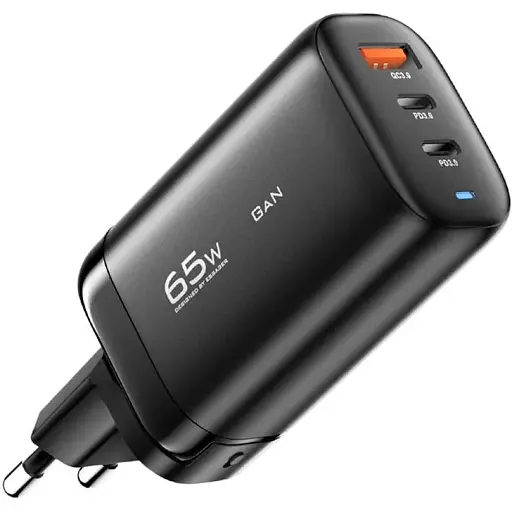 Зарядний пристрій Essager ES-CD23 Gan 65 W (3 порти 1 USB + 2 Type-C) адаптер блок чорний - фото 1