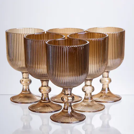 Набор бокалов для вина 6 штук по 300 мл ребристой из толстого стекла коричневый HP-19-225 бокал для белого красного вина прозрачный - фото 1