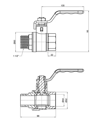 Кран шаровой Thermo Alliance Standart 1 1/2" ВН прямой, никель, PN40, рычаг SD605NW40PN40 - фото 3