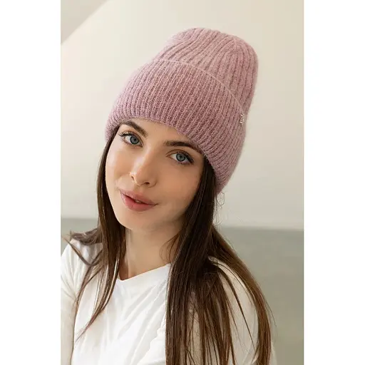 Женская зимняя шапка Бини Ангора с ангорой 80% орнаментом и флисовой подкладкой Пудрово-розовый - фото 1