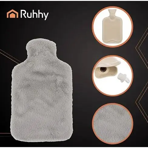 Резиновая грелка с плюшевым чехлом Ruhhy 26383, 1.8 л серый/бежевый тепло для тела до 3 часов - фото 4