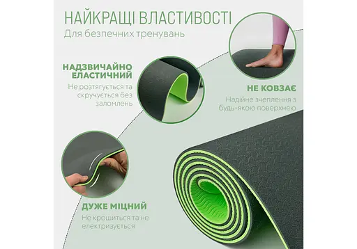 Коврик для йоги и фитнеса EasyFit TPE+TC 6 мм двухслойный черный-зеленый (EF-1924-BG) - фото 3