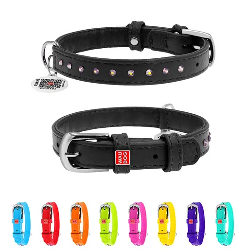 Ошейник для собак кожаный Waudog Glamour с QR-паспортом с клеевыми стразами Ш 12 мм Д 21-29 см черный - фото 2