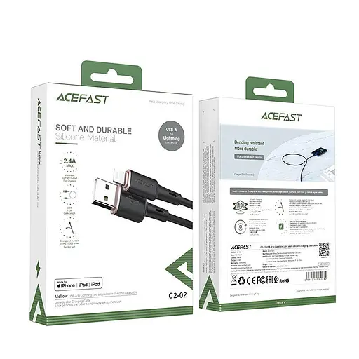 Кабель Acefast C2-02 USB to iP 2.4A 1.2 м silicone zinc connectors черный - фото 2