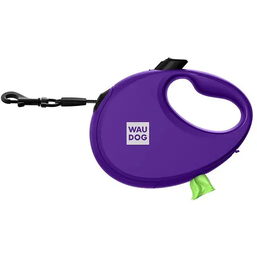 Повідець-рулетка для собак Waudog R-leash з контейнером для пакетів, світловідбивна стрічка, M, до 20 кг, 5 м, фіолетовий