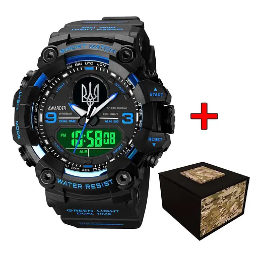 Наручные часы мужские 001BUUASI Тризуб срібло Чорные с синим + Коробка. Awarder acs0031785