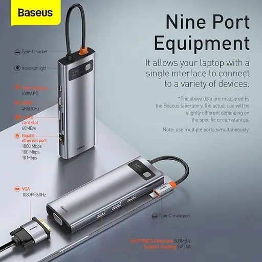 USB-хаб Baseus Metal Gleam Series 9-in-1 Multifunctional Type-C HUB Docking Station Space Gray (CAHUB-CU0G) [72635] - фото 6
