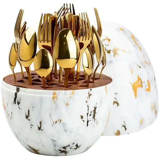 Набор столовых приборов TS Kitchen Белый мрамор на 6 персон из нержавеющей стали золотые 24 штуки в яйце - фото 1
