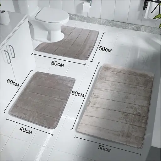 Набор 3 коврика для ванной Aquarius с эффектом памяти 50х80 см, 40х60 см, U-образный 50х50 см. Темно-Бежевый в полоску - фото 2