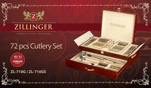 Набор столовых приборов Zillinger ZL-710G Yana на 12 персон в деревянном кейсе 72 предмета - фото 10