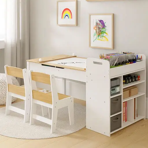 Детский набор Costway Fantastik 3 в 1: стол, 2 стула, мольберт натуральный