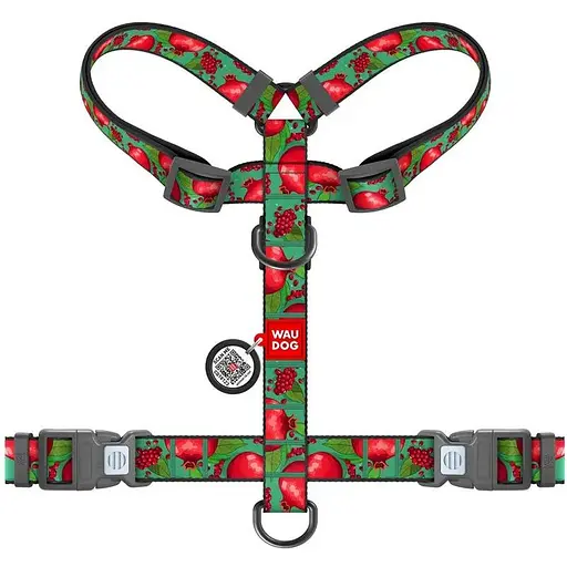 Шлея для собак Waudog Nylon анатомічна H-подібна з QR-паспортом, малюнок "Гранати", пластиковий фастекс, M - фото 2