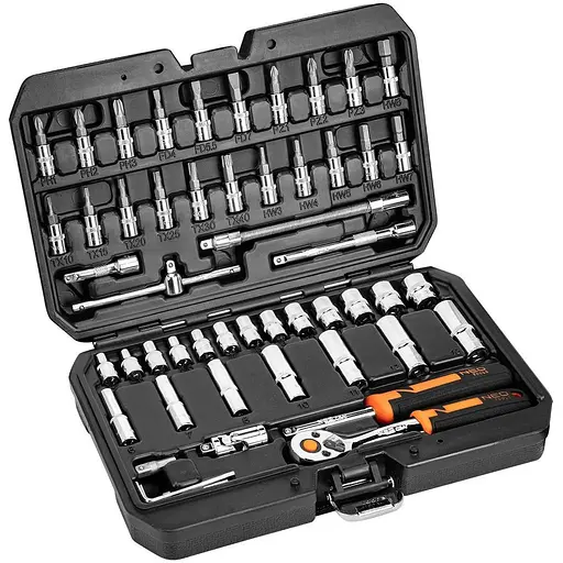 Neo Tools Набор инструментов, Набор торцевых головок, 73шт, 1/2", 1/4", CrV, кейс
