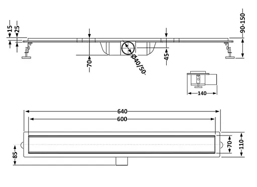 Линейный трап Qtap Taurus FA600MBLA из нержавеющей стали, с сухим затвором QTTAUFA600MB - фото 7