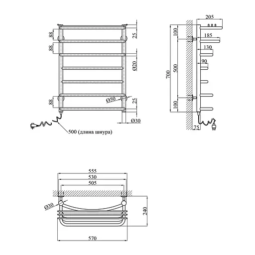 Рушникосушарка електрична Kroner Канна ДК01EL 700x500/7 EL CV023839, Хром, Ліве - фото 2