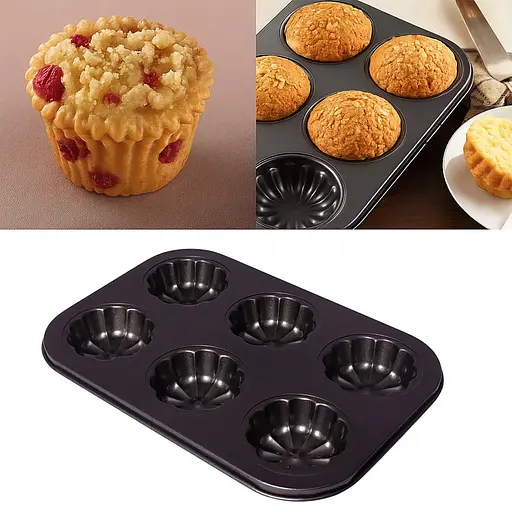 Форма для выпечки кексов и маффинов на 6 ячеек с антипригарным покрытием "Цветы №1" 26.5х18.5х2.8 см, A-plus Черный 83494 - фото 4