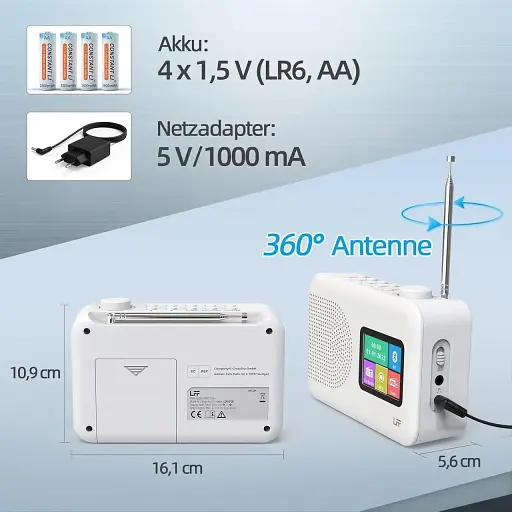 Цифрове DAB-радіо LFF з FM, Bluetooth, кольоровим дисплеєм, для кухні, працює від кабелю або батарейок - фото 2