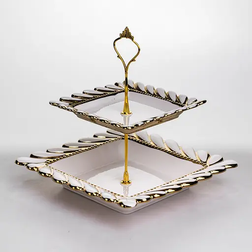 Фруктовница квадратная Yiwu Tiffany 23х23х23 см двухъярусная для сервировки фруктов и сладостей фарфоровая стойка для закусок белая ML2086 - фото 3