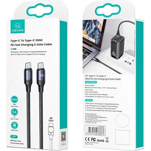 Кабель Usams US-SJ526 U71 USB-C to USB-C PD 100W 5A 3m Black (SJ526USB01) [139702] - фото 6
