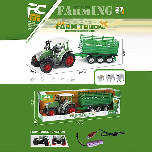 Трактор із причепом на радіокеруванні, акумулятор, 3 тварини, USB-зарядка, 55x17x16 см, 1188F-7 - фото 2