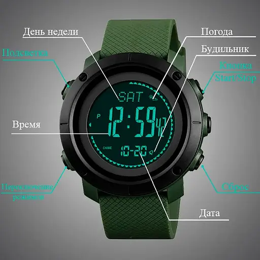 Чоловічий спортивний годинник Skmei 1427 з компасом та барометром Зелений - фото 8