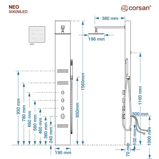 Душова панель Corsan Neo black LED S060MBLLED, Чорний матовий - фото 2