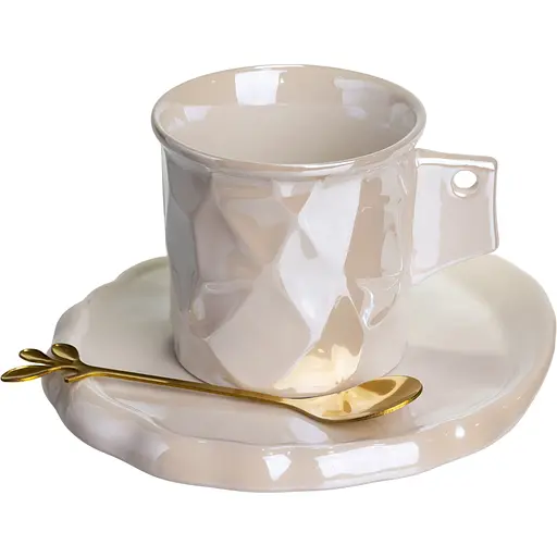 Чашка для кави порцелянова 200 мл з блюдцем і ложкою в дзеркальній глазурі білий FM-2B