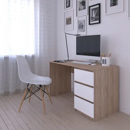 Комп'ютерний стіл Vays, письмовий, сучасний, з тумбою справа, 3 шухляды з фасадами без ручок R-1 Дуб Сонома-Білий фасад - фото 2