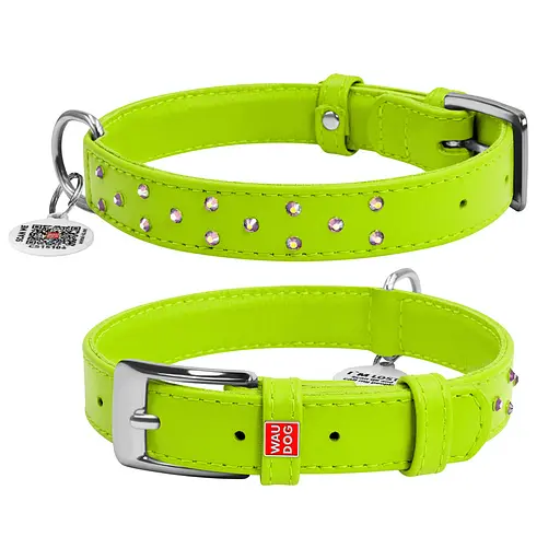 Ошейник для собак кожаный Waudog Glamour с QR-паспортом с клеевыми стразами Ш 25 мм Д 38-49 см салатовый