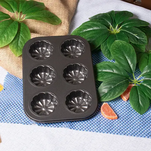 Форма для выпечки кексов и маффинов на 6 ячеек с антипригарным покрытием "Цветы №1" 26.5х18.5х3 см, A-plus Черный 83494 - фото 4