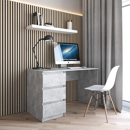 Комп’ютерний стіл Vays R-13 Бетон, письмовий з тумбою зліва, 3 шухляди, без ручок, ЛДСП, 120×60×75 см - для дому та офісу