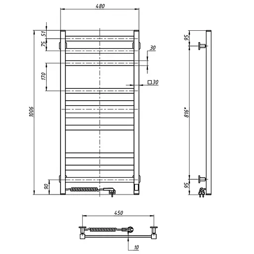 Електрична рушникосушка Navin Авангард 480x1000 Sensor лівобічна з таймером, чорний муар 12-228153-4810, Чорний матовий, Ліве, Електронний - фото 2