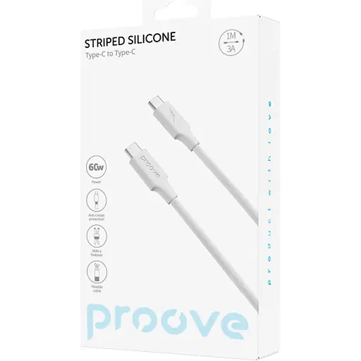 Кабель Proove Striped Silicone USB-C to USB-C 60W 1m White (CCSS60002202) [133332] - фото 2